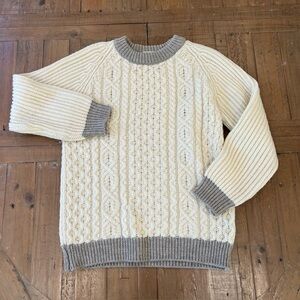 Aran Islands Sweater Medium Cream Cable Knit Colorblock Pullover Crewneck Wool